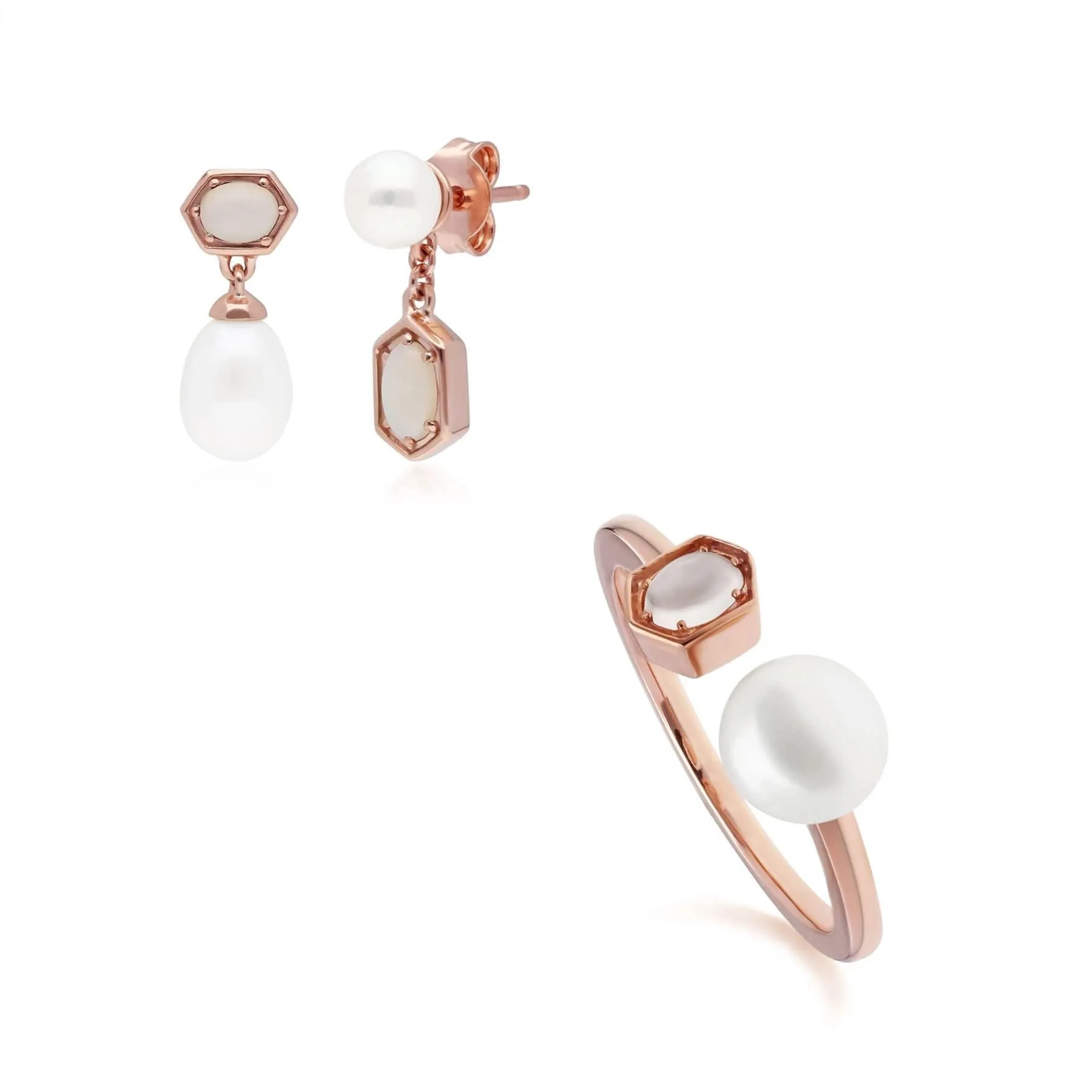Modern Pearl & Opal Earring & Ring Set in Rose Gold Plated Silver sold by Gemondo Jewellery