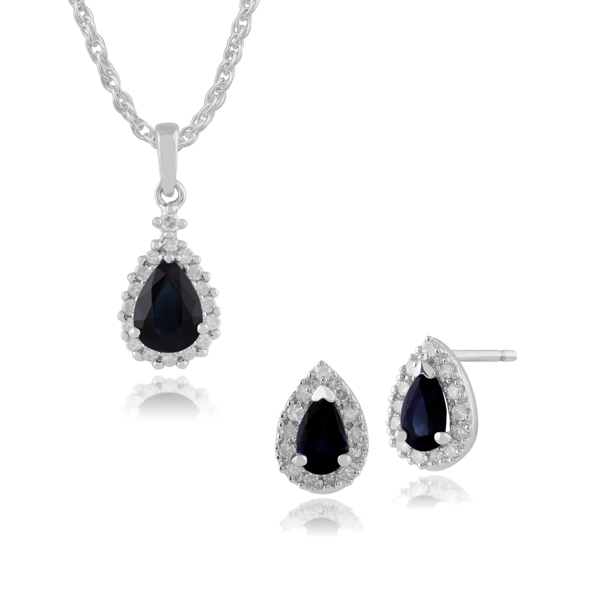 Classic Pear Sapphire & Diamond Halo Stud Earrings & Pendant Set in 9ct White Gold sold by Gemondo Jewellery