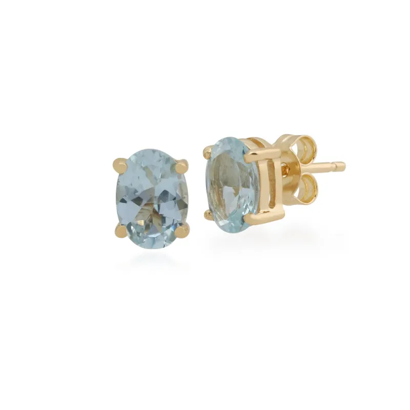 Classic Oval Aquamarine Claw Set Stud Earrings in 9ct Yellow Gold sold by Gemondo Jewellery