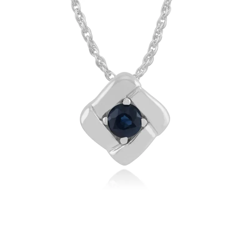Classic Round Sapphire Single Stone Square Crossover Pendant in 925 Sterling Silver sold by Gemondo Jewellery
