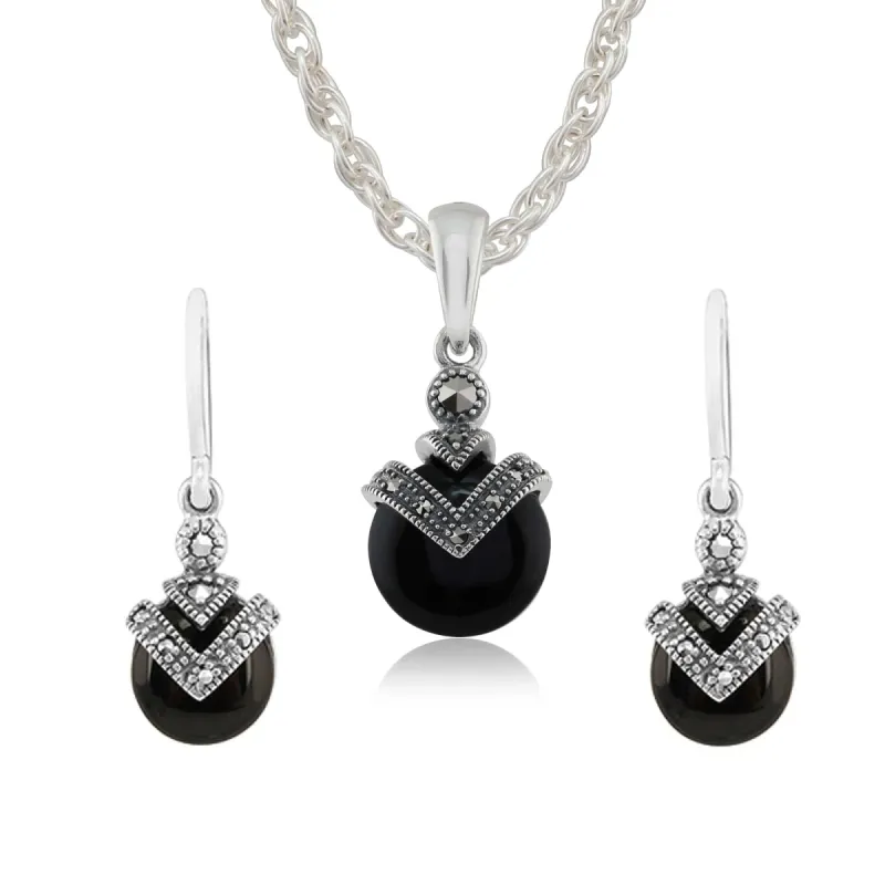 Art Deco Style Round Black Onyx Cabochon & Marcasite Drop Earrings & Pendant Set in 925 Sterling Silver sold by Gemondo Jewellery