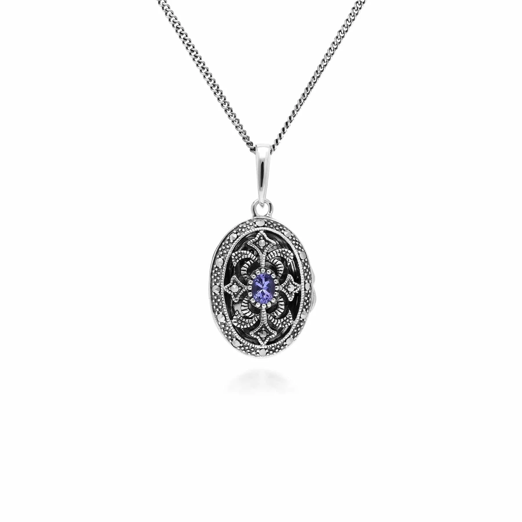 Art Nouveau Style Oval Tanzanite & Marcasite Locket Necklace in 925 Sterling Silver sold by Gemondo Jewellery