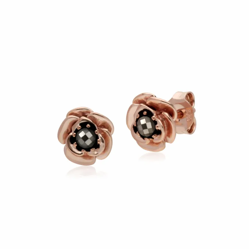 Rose Gold Plated Round Marcasite Floral Stud Earrings in 925 Sterling Silver sold by Gemondo Jewellery