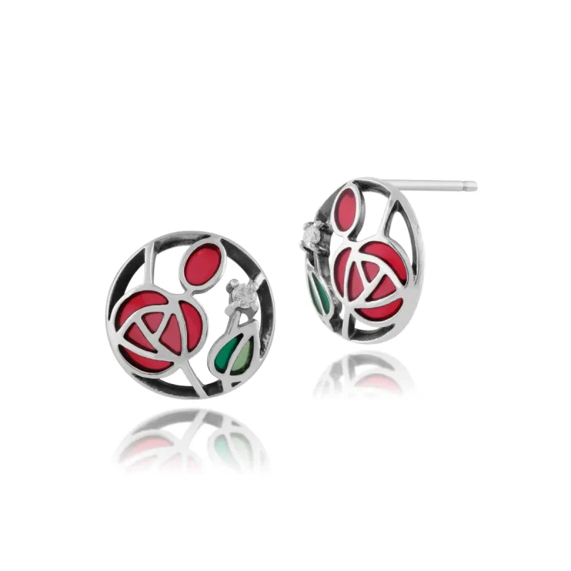 Rennie Mackintosh Round Diamond & Enamel Stud Earrings in 925 Sterling Silver sold by Gemondo Jewellery
