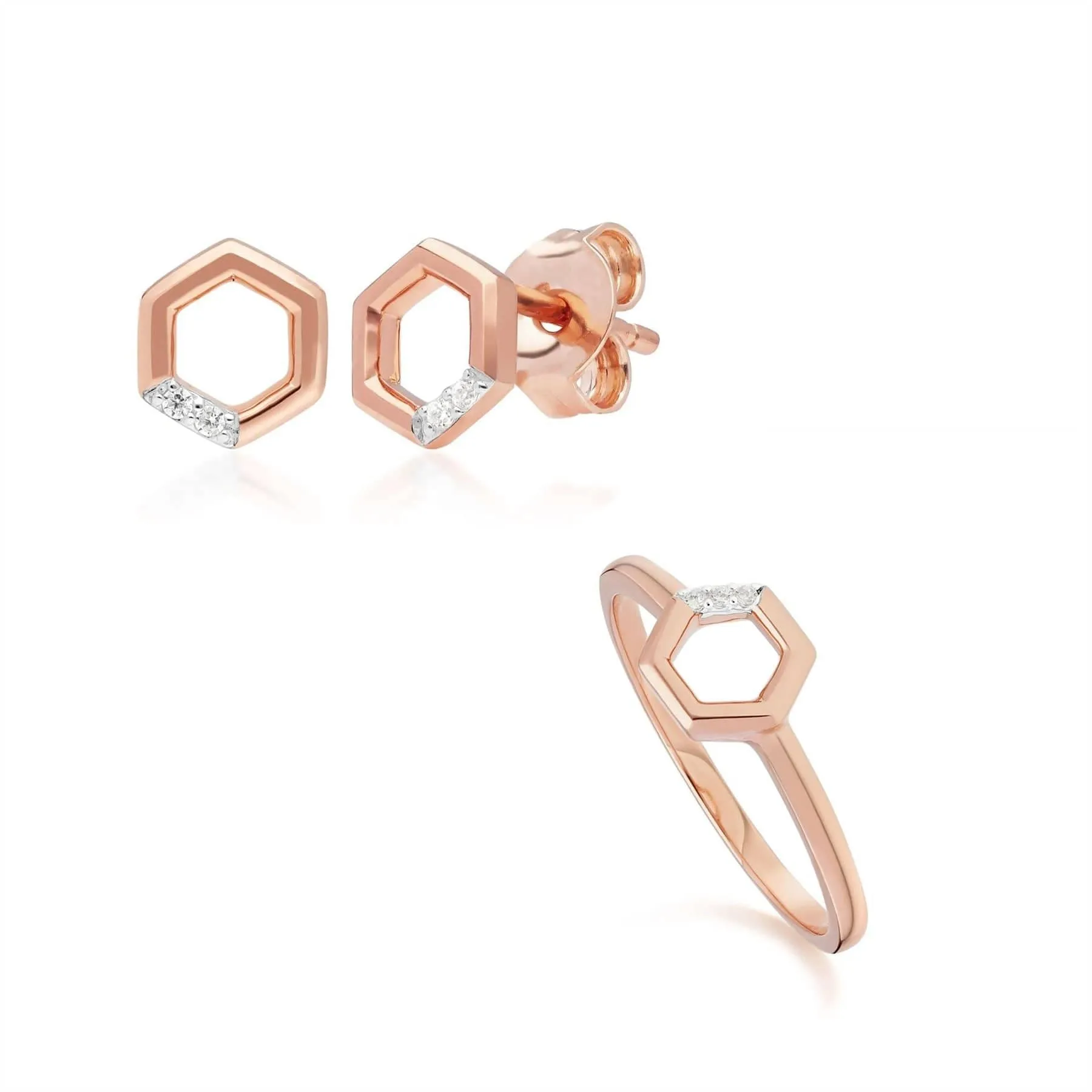 Diamond Pave Hexagon Stud Earring & Ring Set in 9ct Rose Gold sold by Gemondo Jewellery