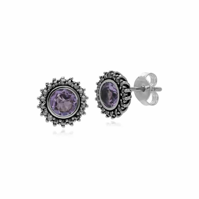 Gemondo Sterling Silver Amethyst & Marcasite February Art Nouveau Stud Earrings sold by Gemondo Jewellery