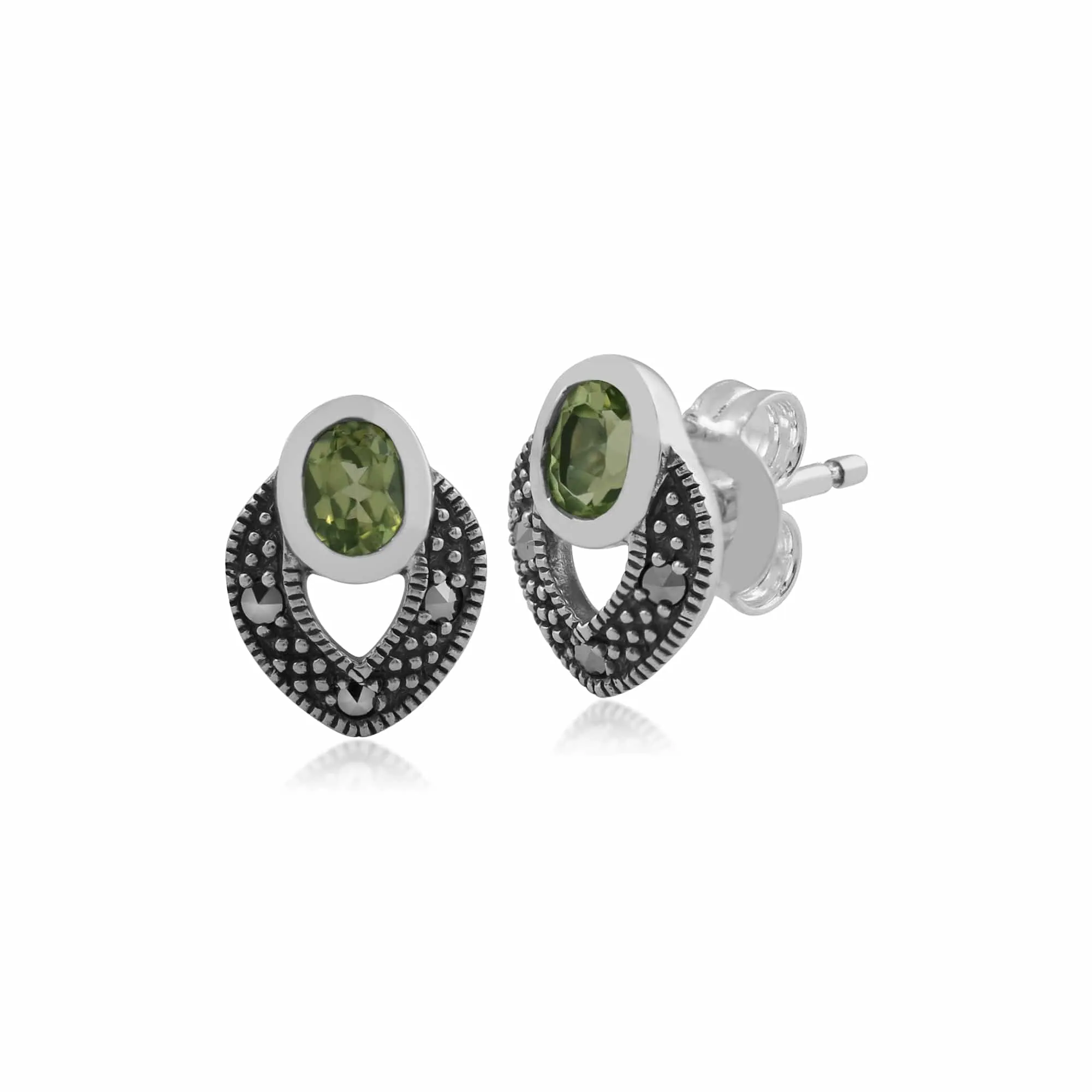 Art Deco Style Oval Peridot & Marcasite Stud Earrings in 925 Sterling Silver sold by Gemondo Jewellery