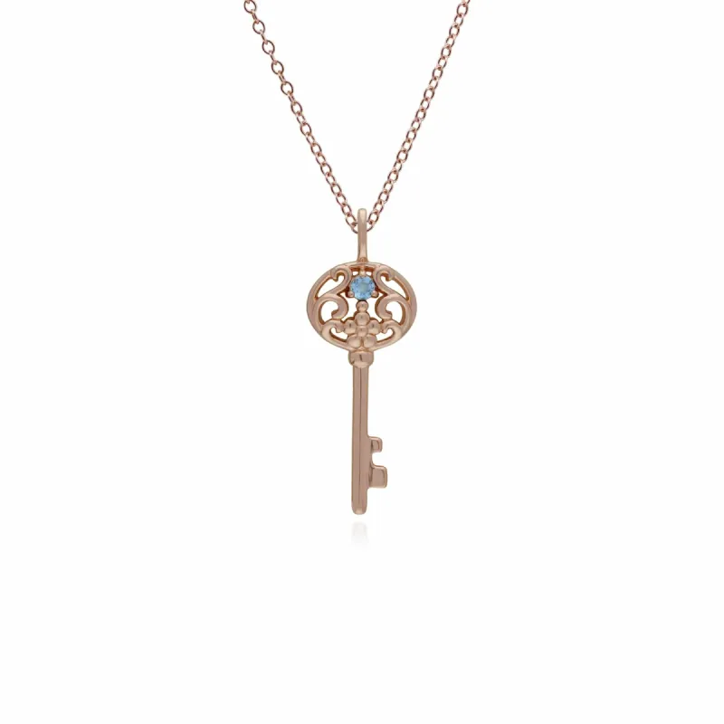 Rose Gold Plated Sterling Silver Aquamarine Big Key Charm sold by Gemondo Jewellery