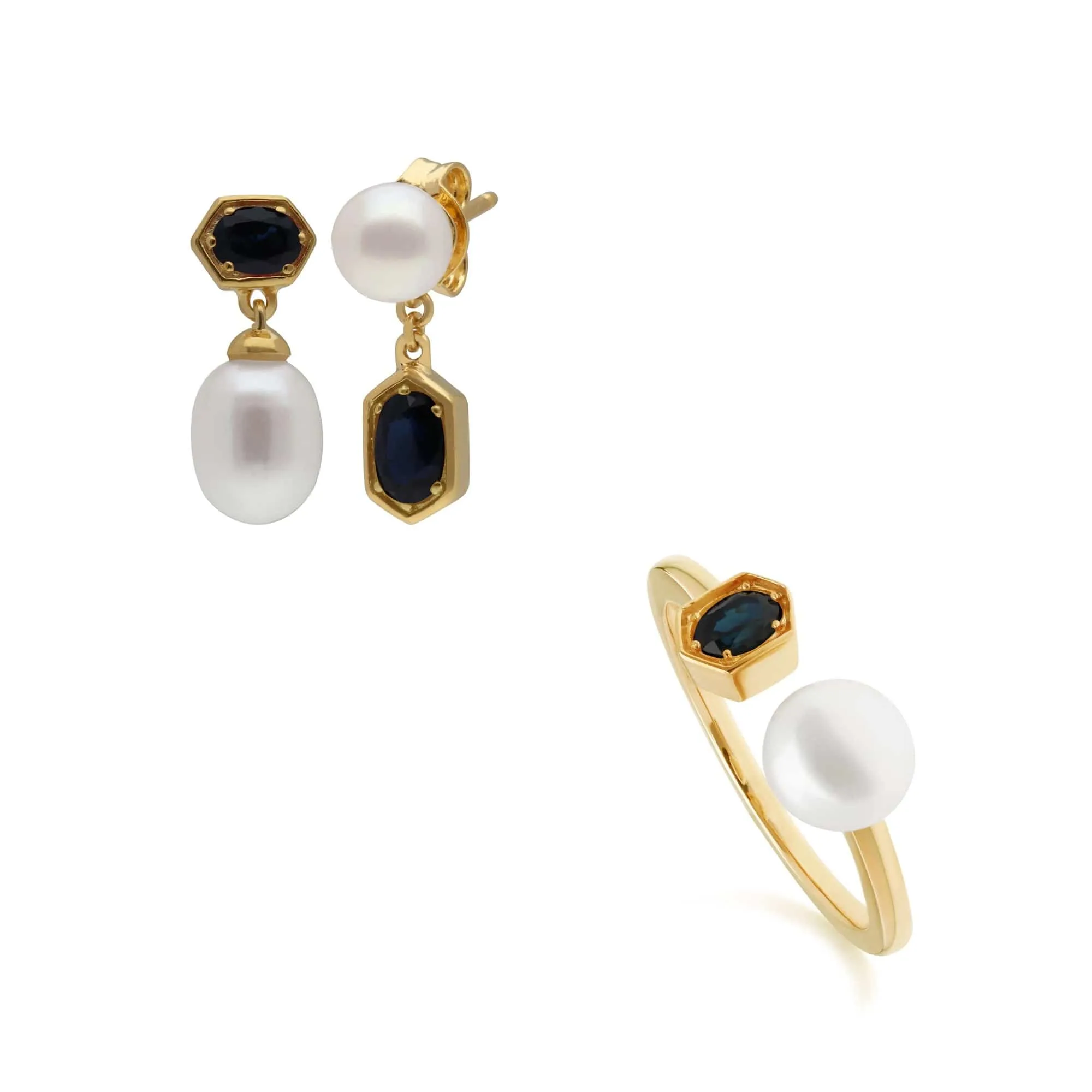 Modern Pearl & Sapphire Earring & Ring Set in Gold Plated Silver sold by Gemondo Jewellery