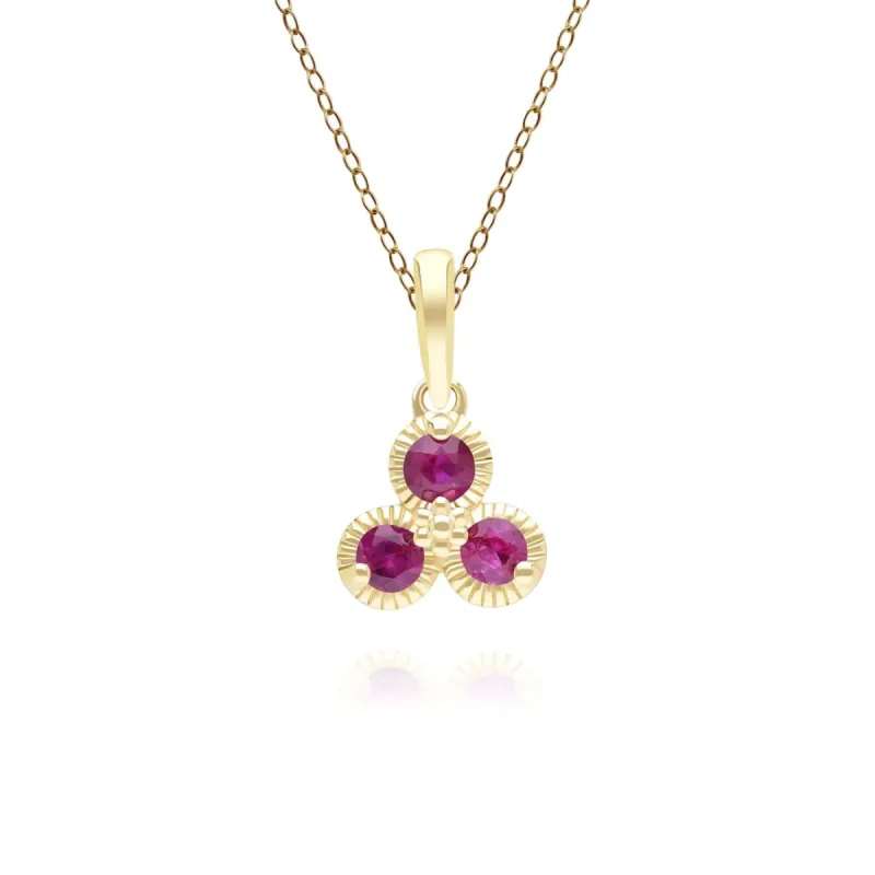 Floral Ruby Three Stone Pendant Necklace in 9ct Yellow Gold sold by Gemondo Jewellery