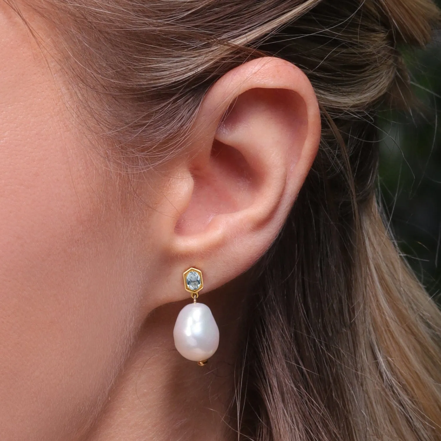 Modern Baroque Pearl & Aquamarine Drop Earrings in Gold Plated Silver sold by Gemondo Jewellery product image thumbnail 3