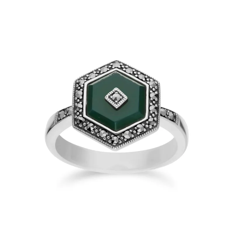 Art Deco Style Green Chalcedony & Marcasite Hexagon Ring in 925 Sterling Silver sold by Gemondo Jewellery
