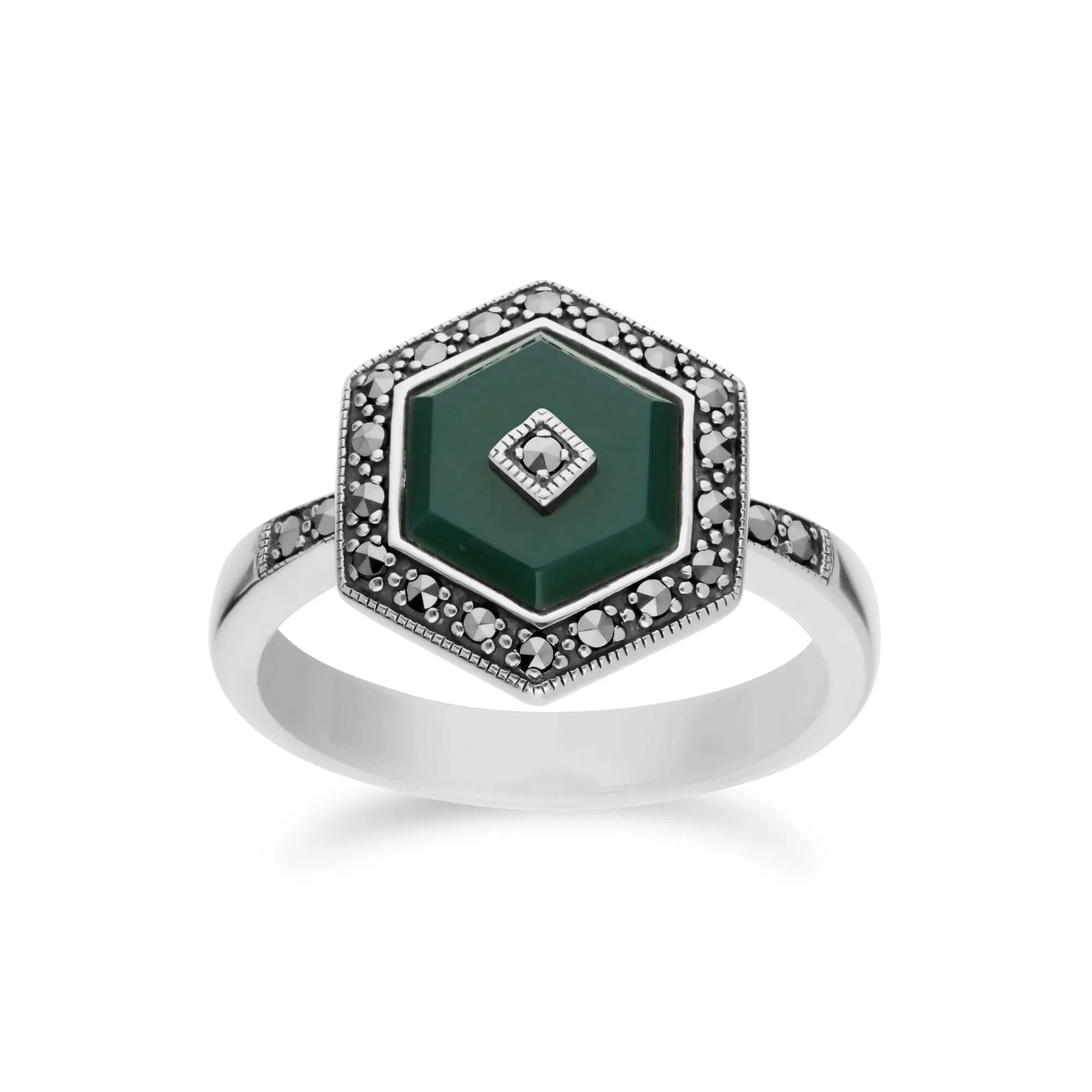 Art Deco Style Green Chalcedony & Marcasite Hexagon Ring in 925 Sterling Silver sold by Gemondo Jewellery