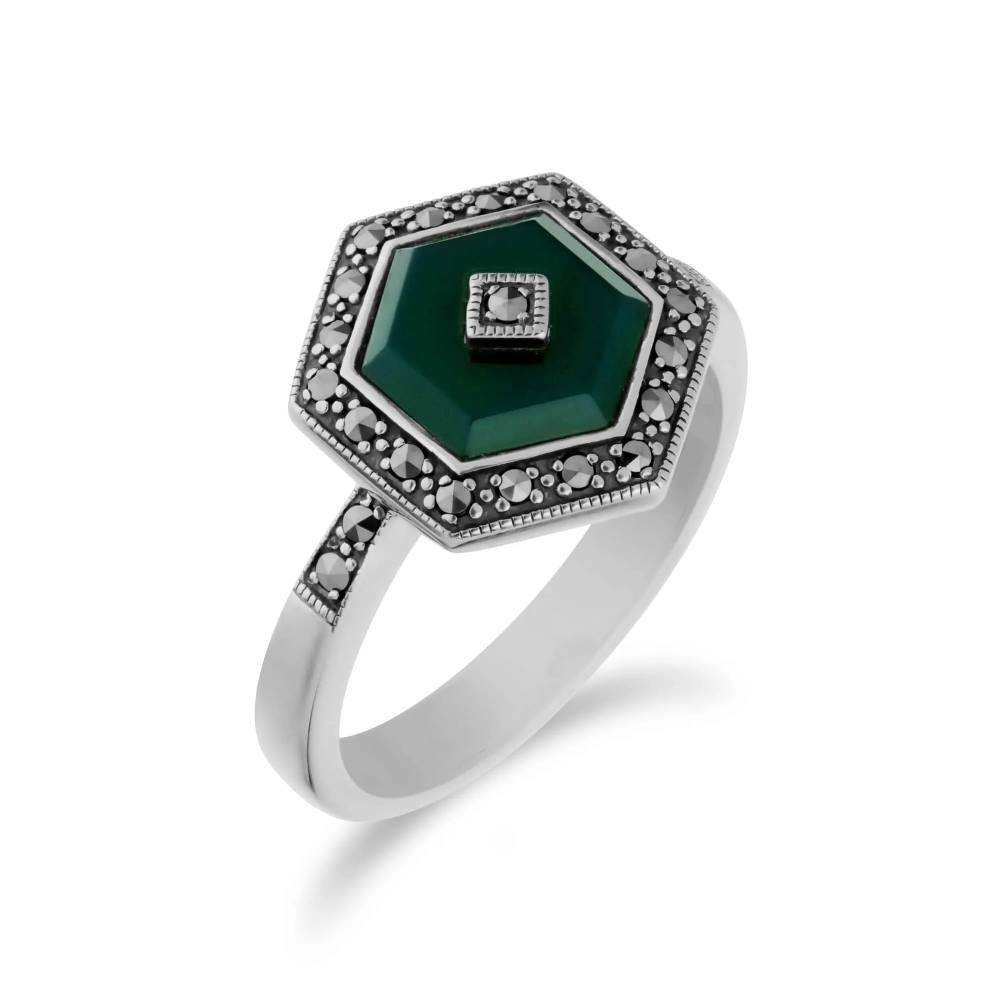 Art Deco Style Green Chalcedony & Marcasite Hexagon Ring in 925 Sterling Silver sold by Gemondo Jewellery product image thumbnail 2