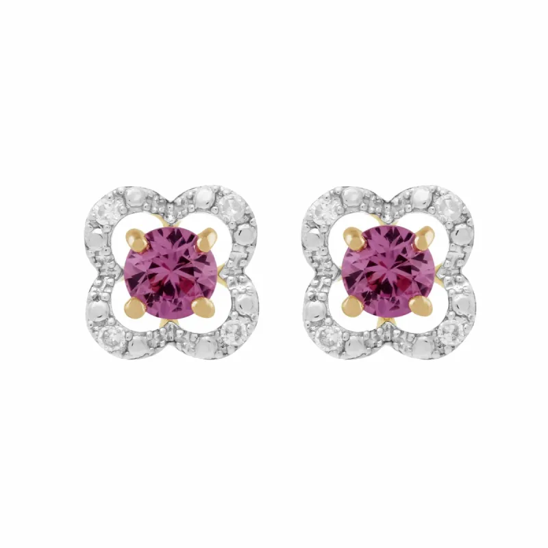 Classic Round Pink Sapphire Studs with Detachable Diamond Floral Ear Jacket in 9ct Yellow Gold sold by Gemondo Jewellery
