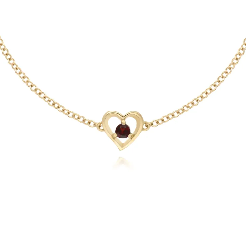 Classic Single Stone Round Garnet Love Heart Bracelet in 9ct Yellow Gold sold by Gemondo Jewellery