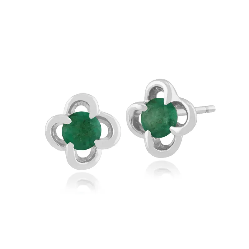 Floral Round Emerald & Diamond Halo Stud Earrings in 9ct White Gold sold by Gemondo Jewellery