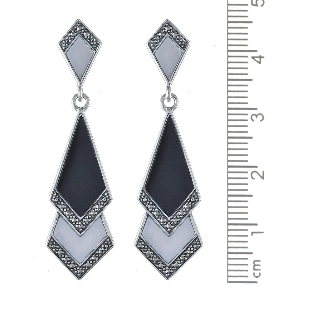 Art Deco Style Style Black Onyx & Mother of Pearl Fan Drop Earrings & Necklace Set in 925 Sterling Silver sold by Gemondo Jewellery product image thumbnail 3
