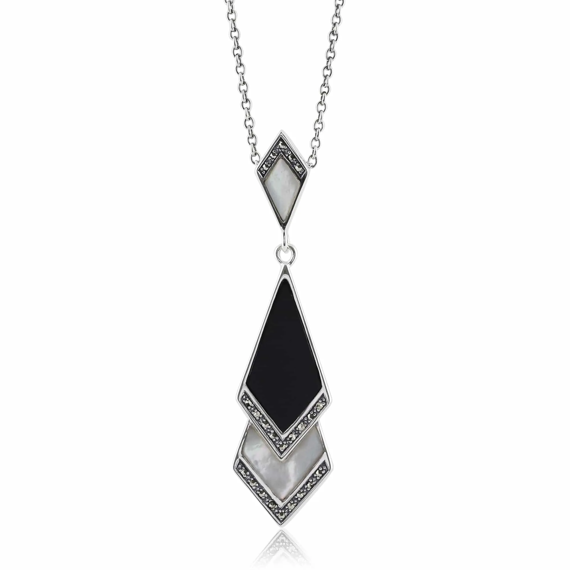 Art Deco Style Style Black Onyx & Mother of Pearl Fan Drop Earrings & Necklace Set in 925 Sterling Silver sold by Gemondo Jewellery product image thumbnail 4