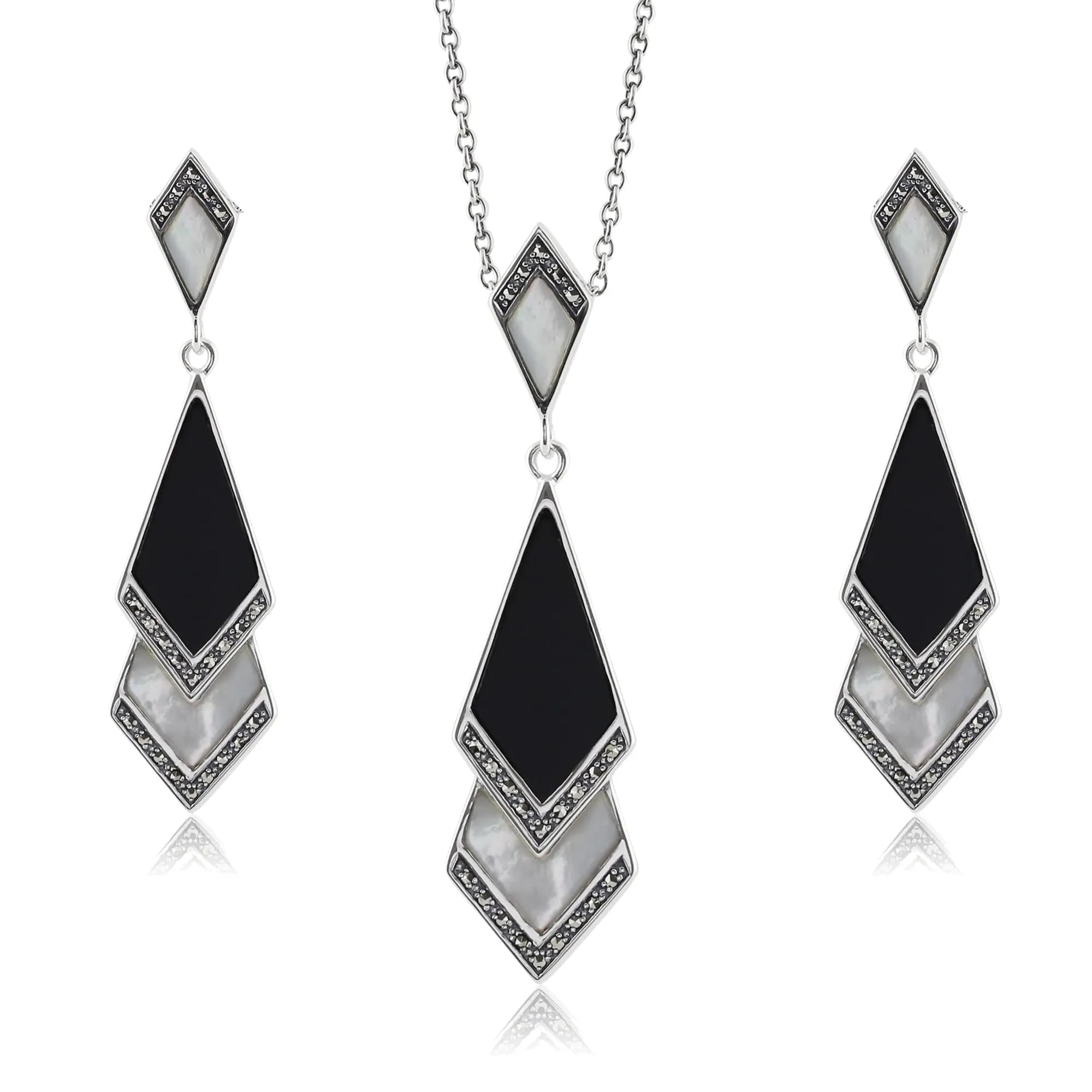 Art Deco Style Style Black Onyx & Mother of Pearl Fan Drop Earrings & Necklace Set in 925 Sterling Silver sold by Gemondo Jewellery