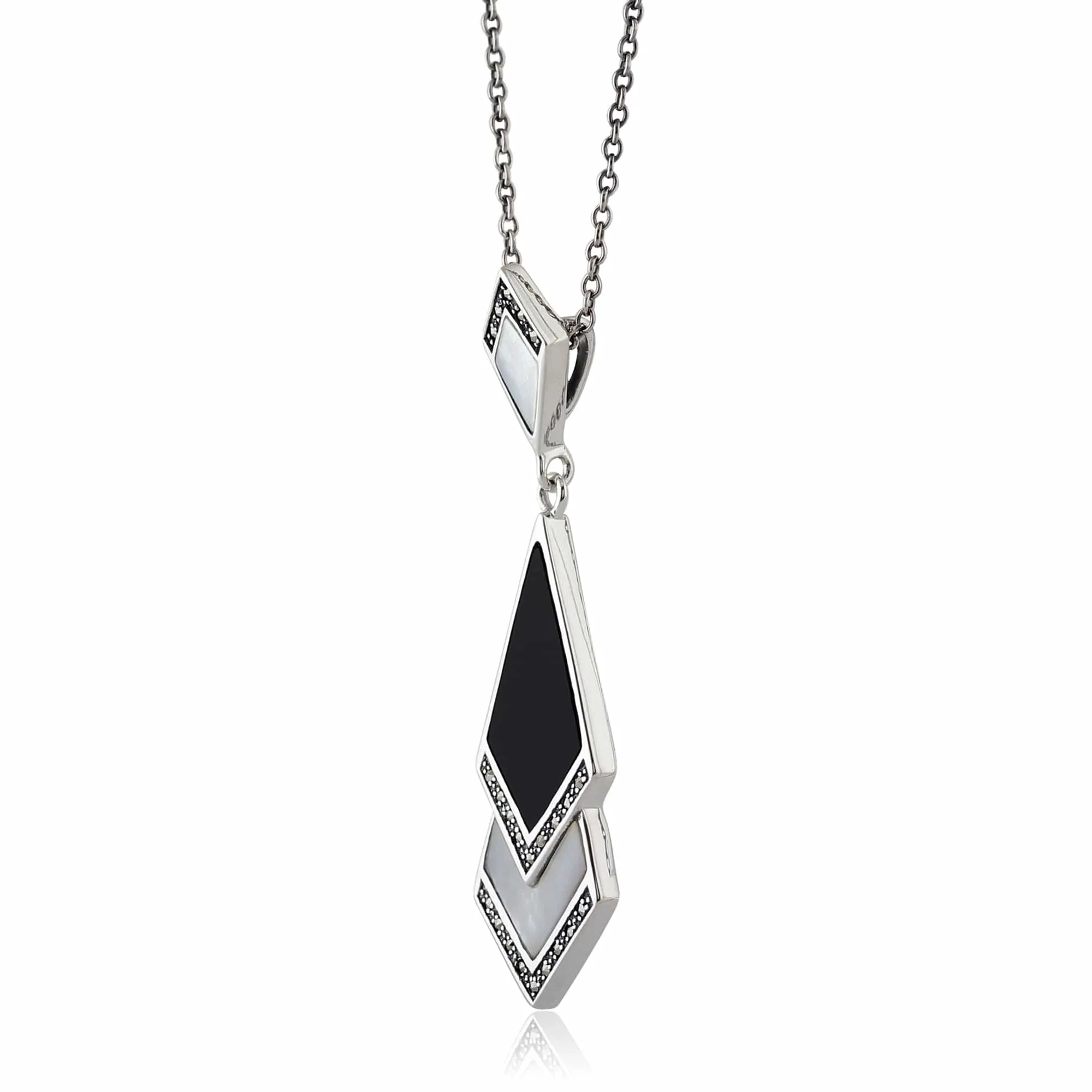 Art Deco Style Style Black Onyx & Mother of Pearl Fan Drop Earrings & Necklace Set in 925 Sterling Silver sold by Gemondo Jewellery product image thumbnail 5