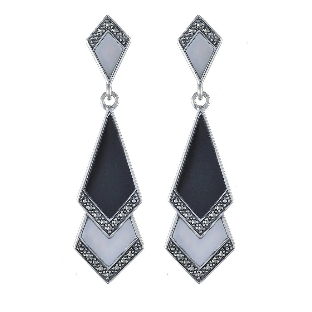 Art Deco Style Style Black Onyx & Mother of Pearl Fan Drop Earrings & Necklace Set in 925 Sterling Silver sold by Gemondo Jewellery product image thumbnail 2