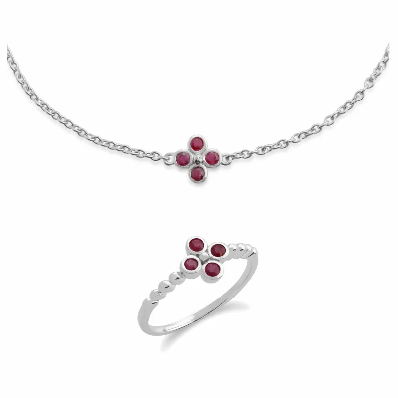 Floral Round Ruby Clover Bracelet & Ring Set in 925 Sterling Silver sold by Gemondo Jewellery