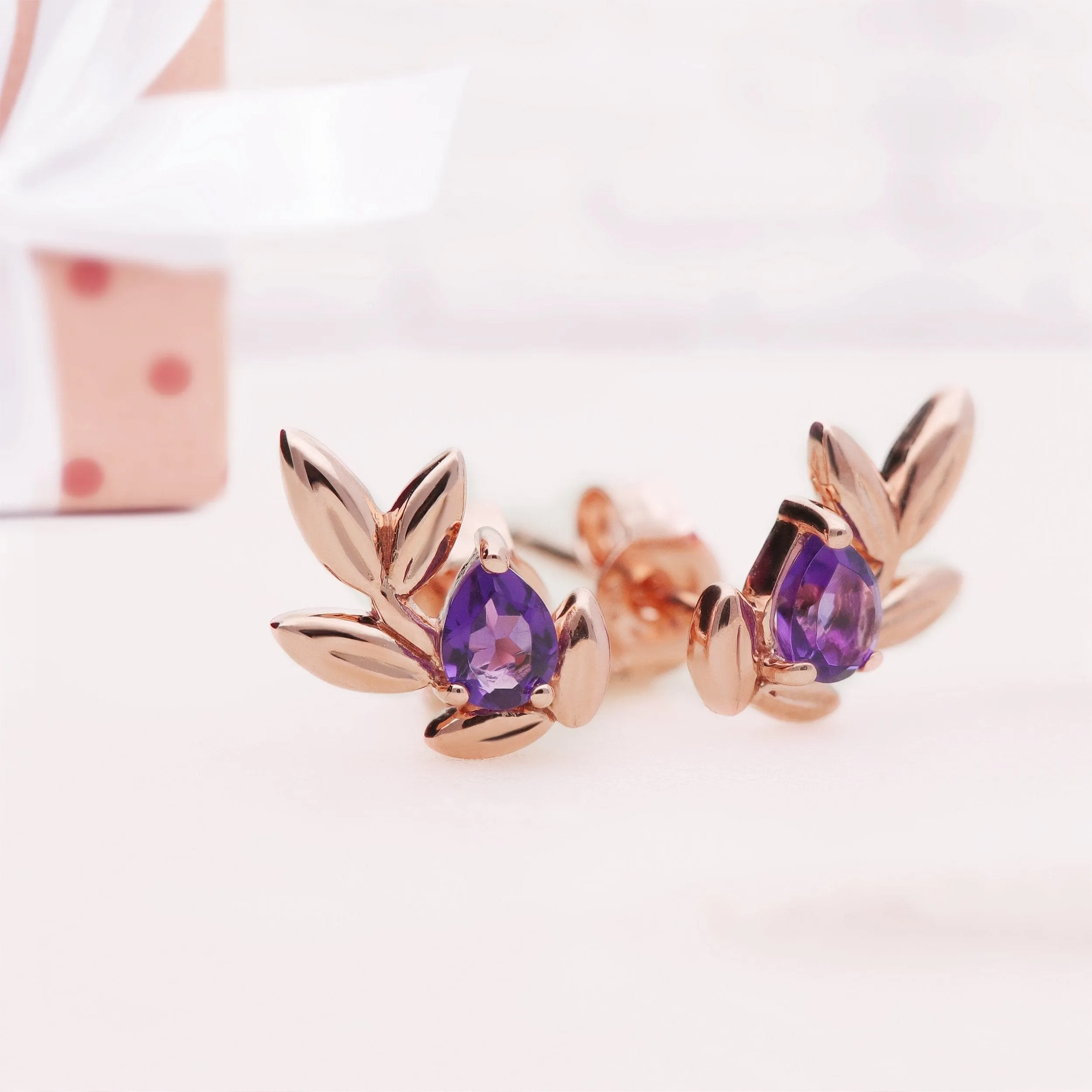 O Leaf Amethyst Stud Earrings in 9ct Rose Gold sold by Gemondo Jewellery product image thumbnail 4