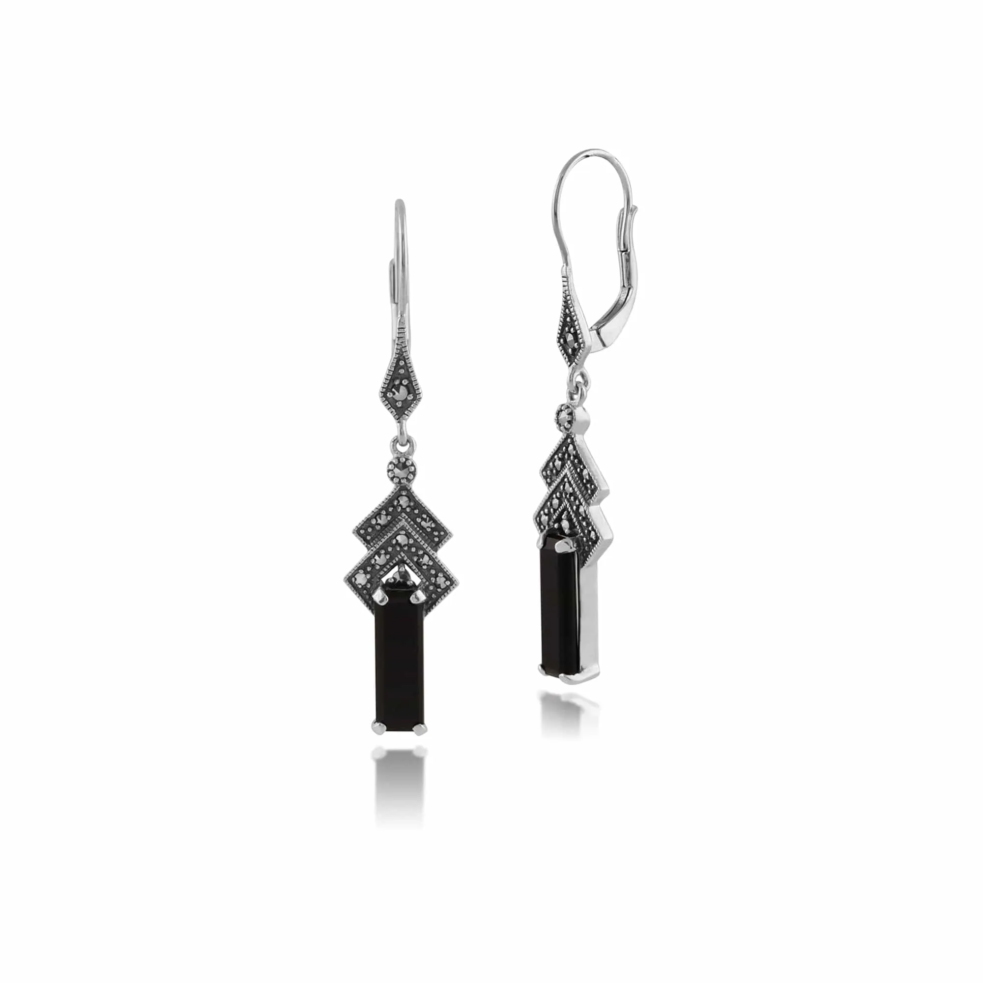 Art Deco Style Rectangle Black Onyx & Marcasite Drop Earrings in Silver sold by Gemondo Jewellery
