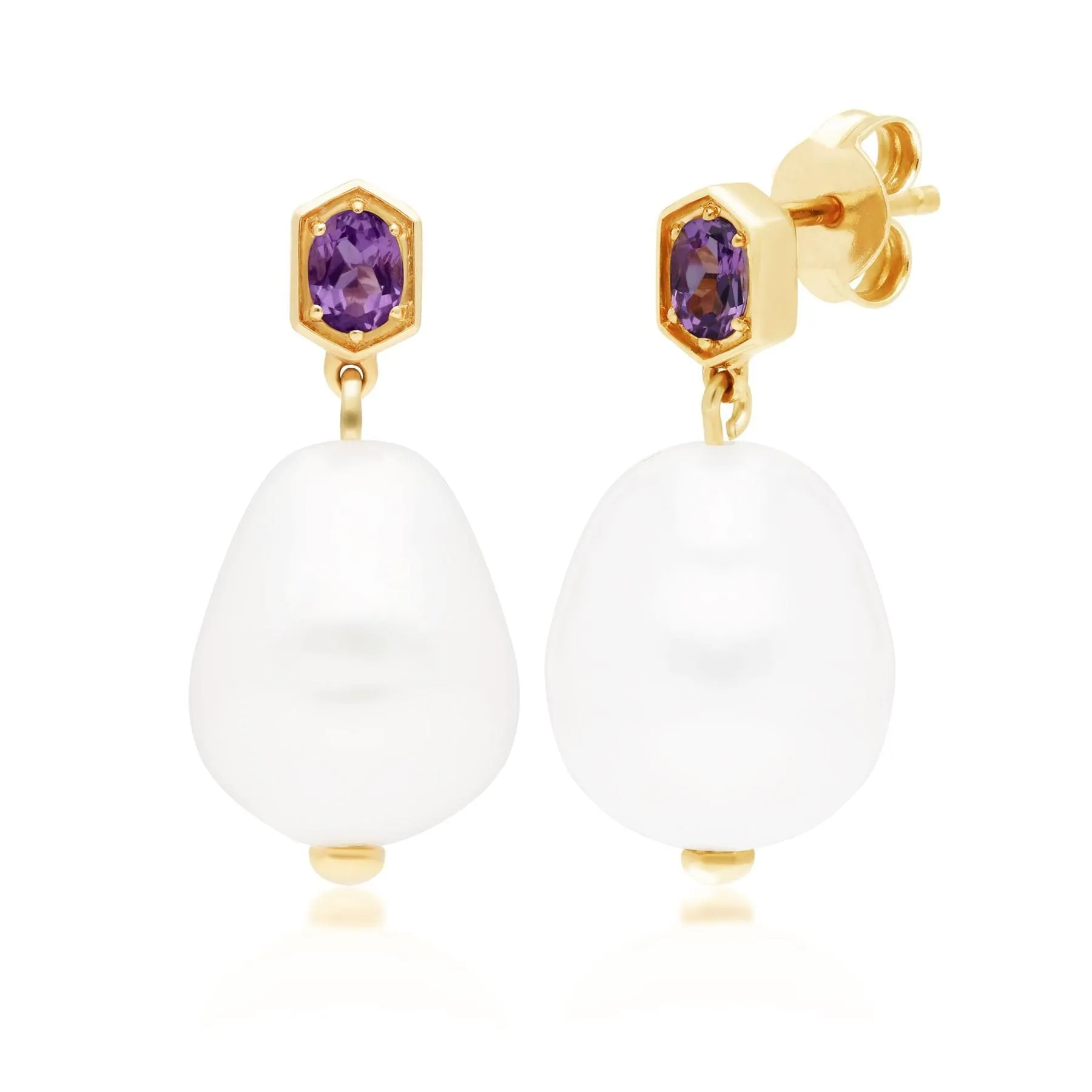 Modern Baroque Pearl & Amethyst Drop Earrings in Gold Plated Silver sold by Gemondo Jewellery