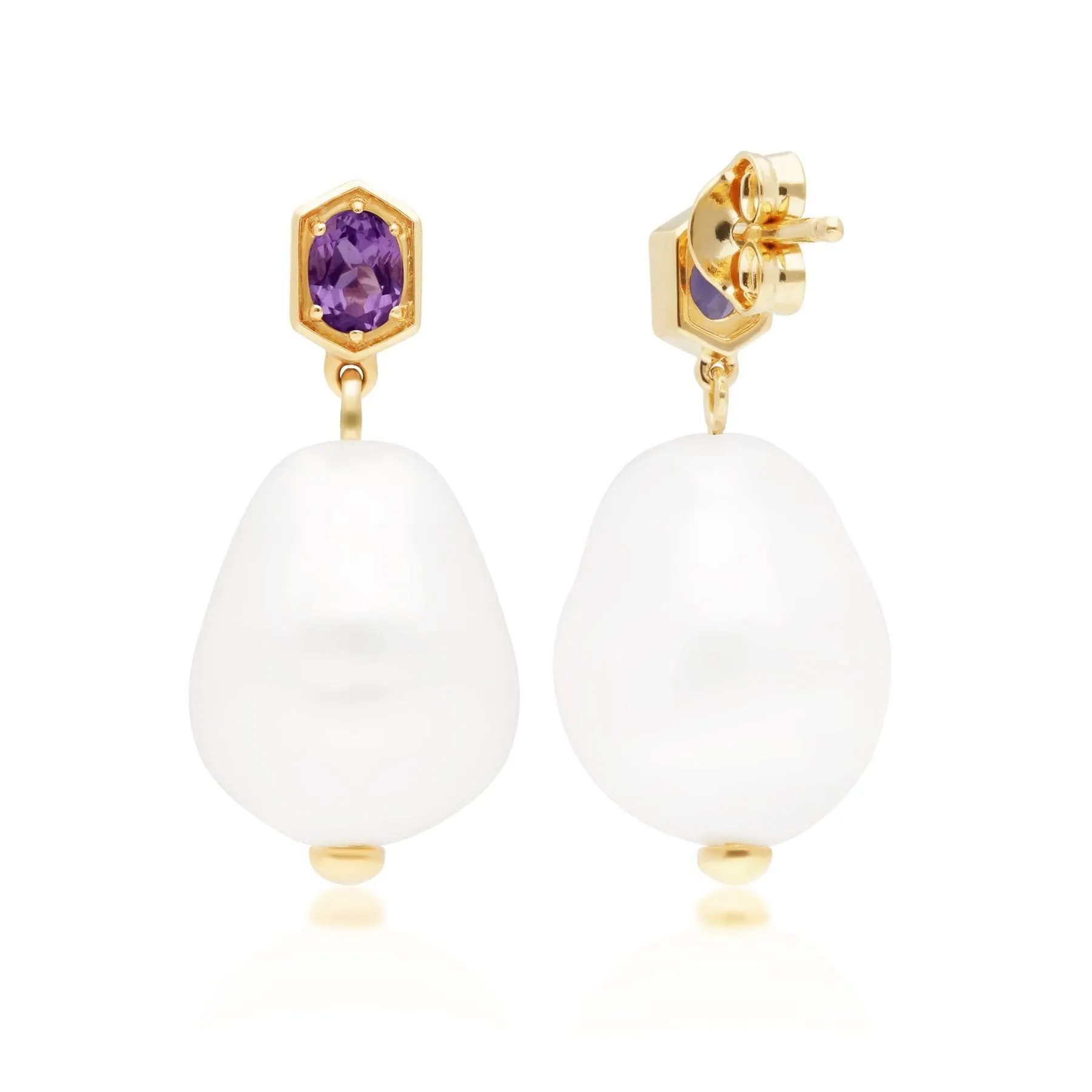 Modern Baroque Pearl & Amethyst Drop Earrings in Gold Plated Silver sold by Gemondo Jewellery product image thumbnail 4