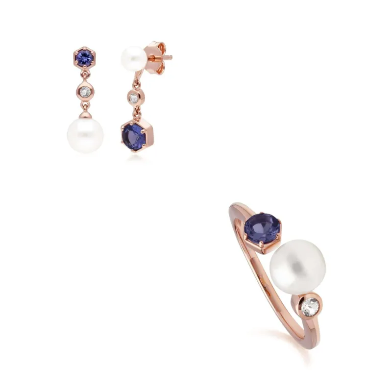 Modern Pearl, Tanzanite & Topaz Earring & Ring Set in Rose Gold Plated Silver sold by Gemondo Jewellery