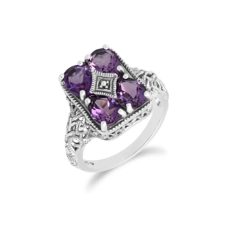 Art Nouveau Inspired Amethyst Statement Ring in 925 Sterling Silver sold by Gemondo Jewellery