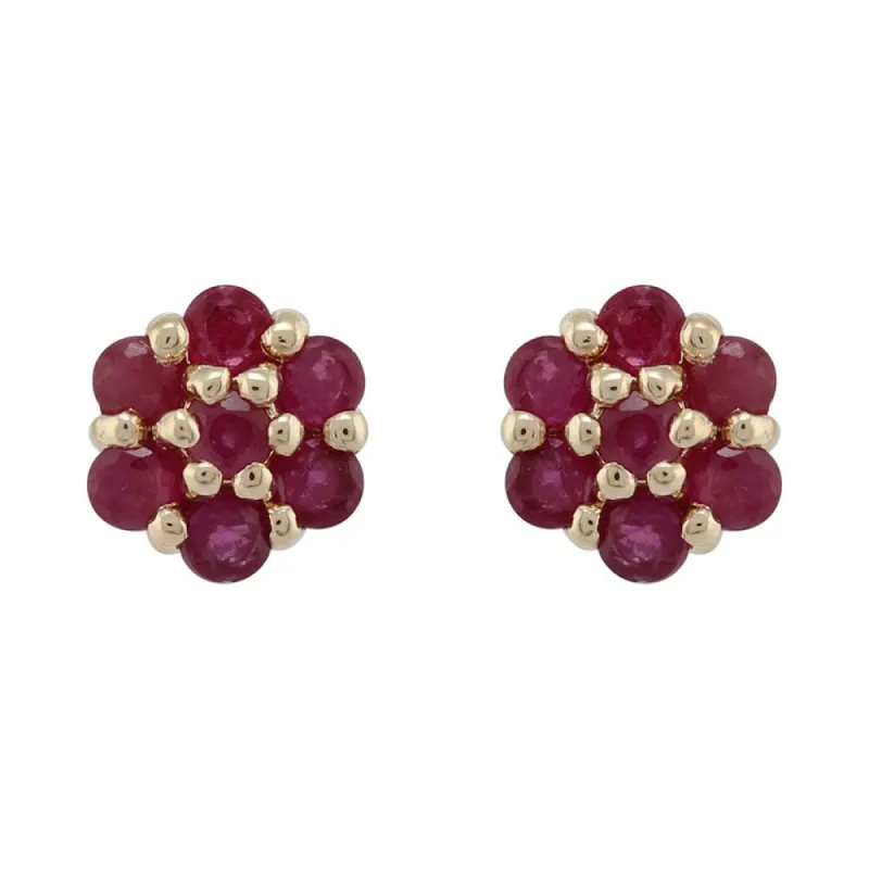 Floral Round Ruby Cluster Stud Earrings in 9ct Yellow Gold sold by Gemondo Jewellery