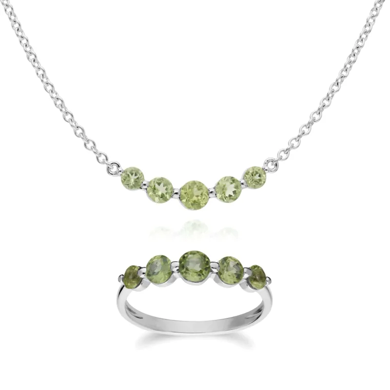 Classic Round Peridot Five Stone Gradient Ring & Necklace Set in 925 Sterling Silver sold by Gemondo Jewellery