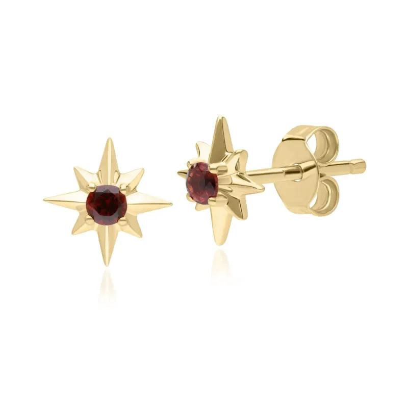 Night Sky Garnet Star Stud Earrings in 9ct Yellow Gold sold by Gemondo Jewellery