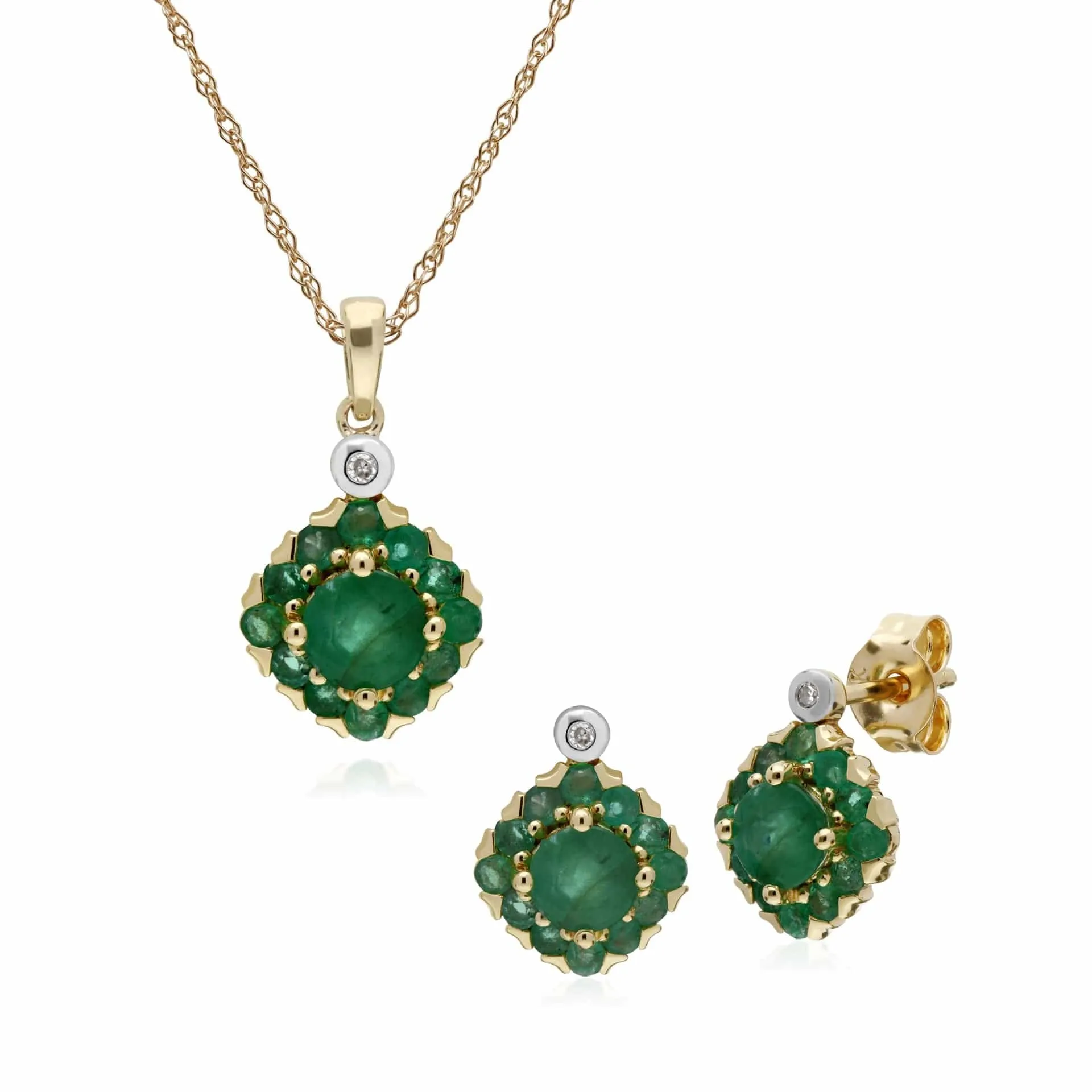 Classic Round Emerald & Diamond Square Cluster Stud Earrings & Pendant Set in 9ct Yellow Gold sold by Gemondo Jewellery