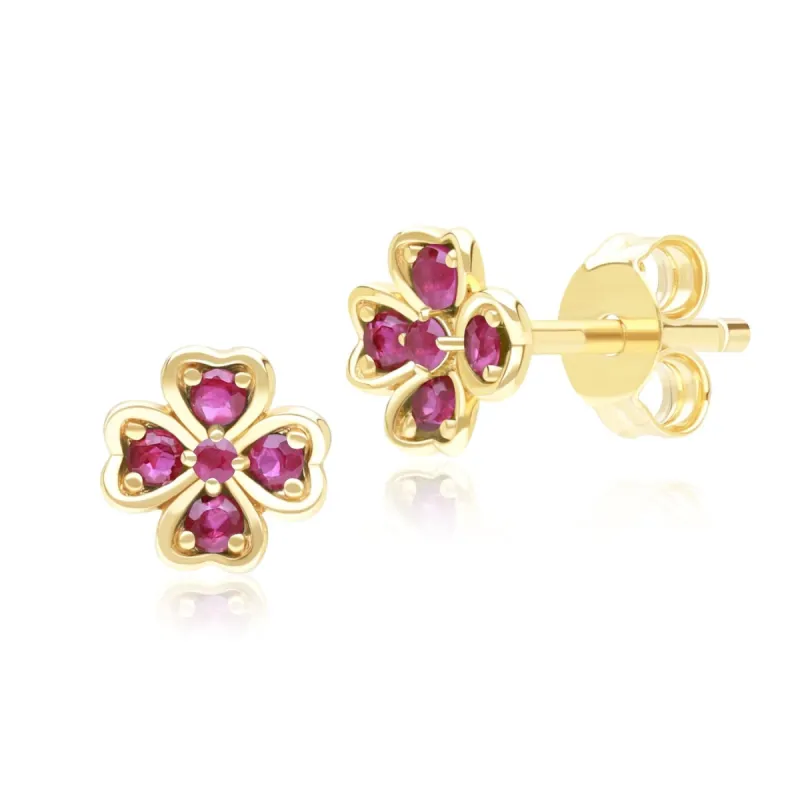 Gardenia Round Ruby Clover Stud Earrings in 9ct Yellow Gold sold by Gemondo Jewellery