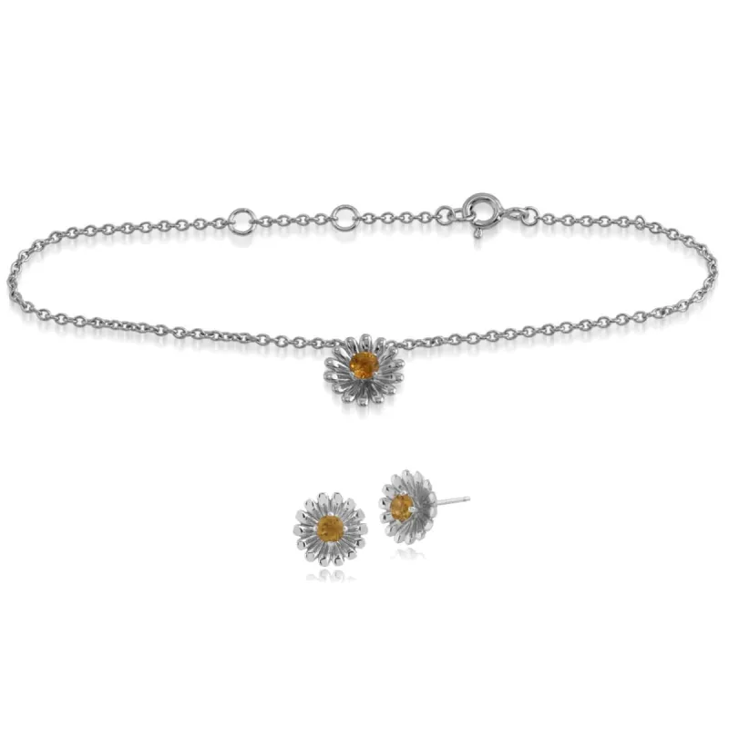 Floral Round Citrine Daisy Flower Stud Earrings & Bracelet Set in 925 Sterling Silver sold by Gemondo Jewellery