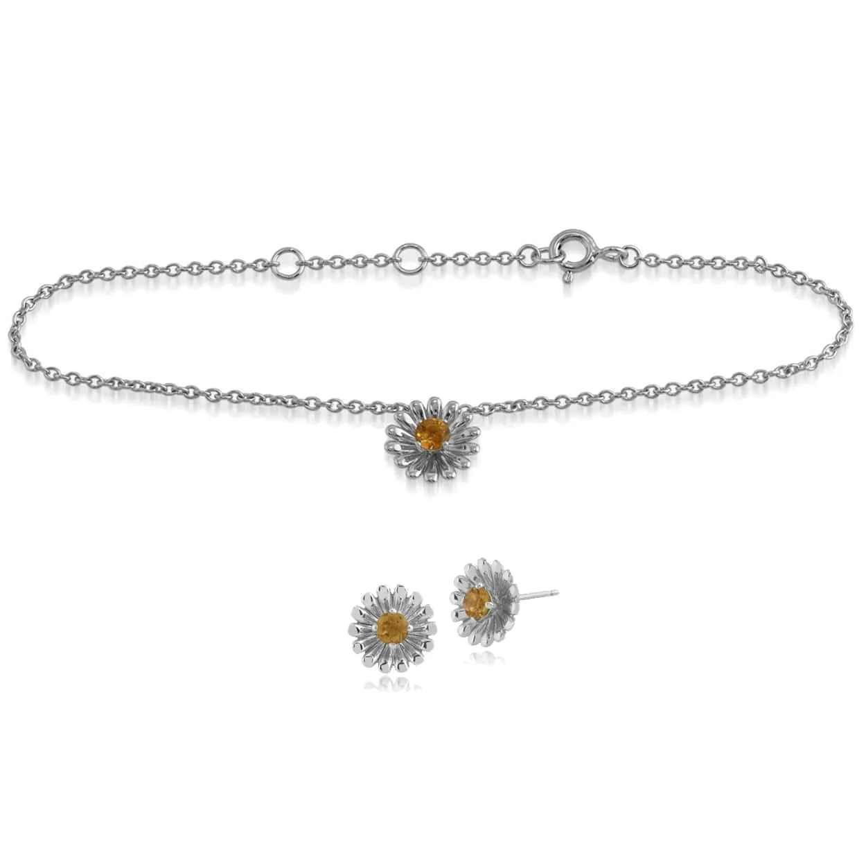 Floral Round Citrine Daisy Flower Stud Earrings & Bracelet Set in 925 Sterling Silver sold by Gemondo Jewellery