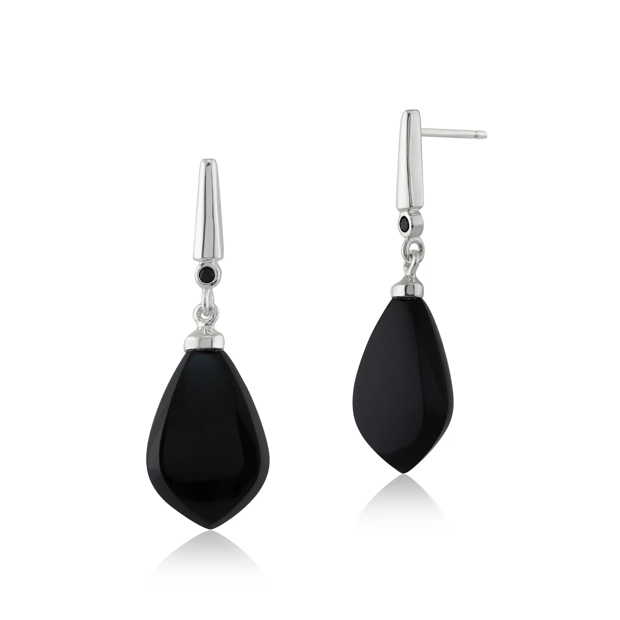 Art Deco Style Pear Black Onyx & Black Spinel Drop Earrings in 925 Sterling Silver sold by Gemondo Jewellery