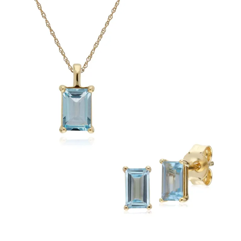Classic Round Blue Topaz Single Stone Baguette Stud Earrings & Necklace Set in 9ct Yellow Gold sold by Gemondo Jewellery