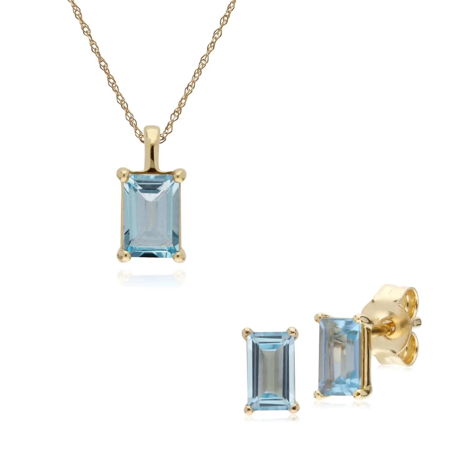 Classic Round Blue Topaz Single Stone Baguette Stud Earrings & Necklace Set in 9ct Yellow Gold sold by Gemondo Jewellery