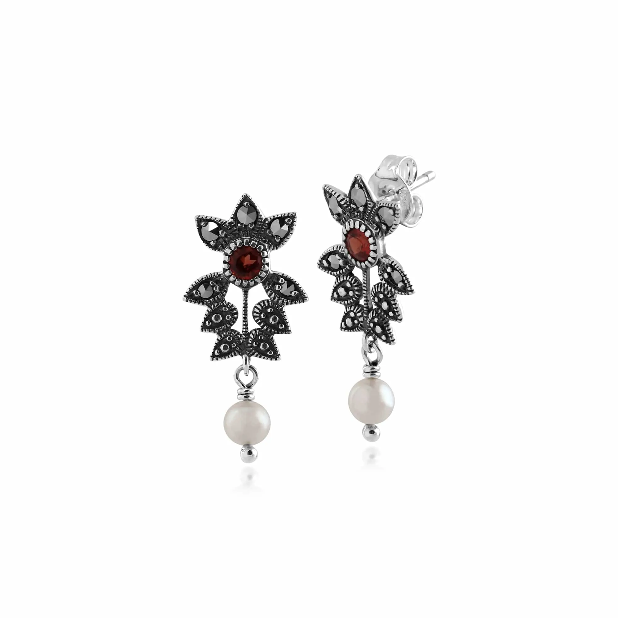 Art Nouveau Style Round Garnet, Freshwater Pearl & Marcasite Drop Earrings in 925 Sterling Silver sold by Gemondo Jewellery