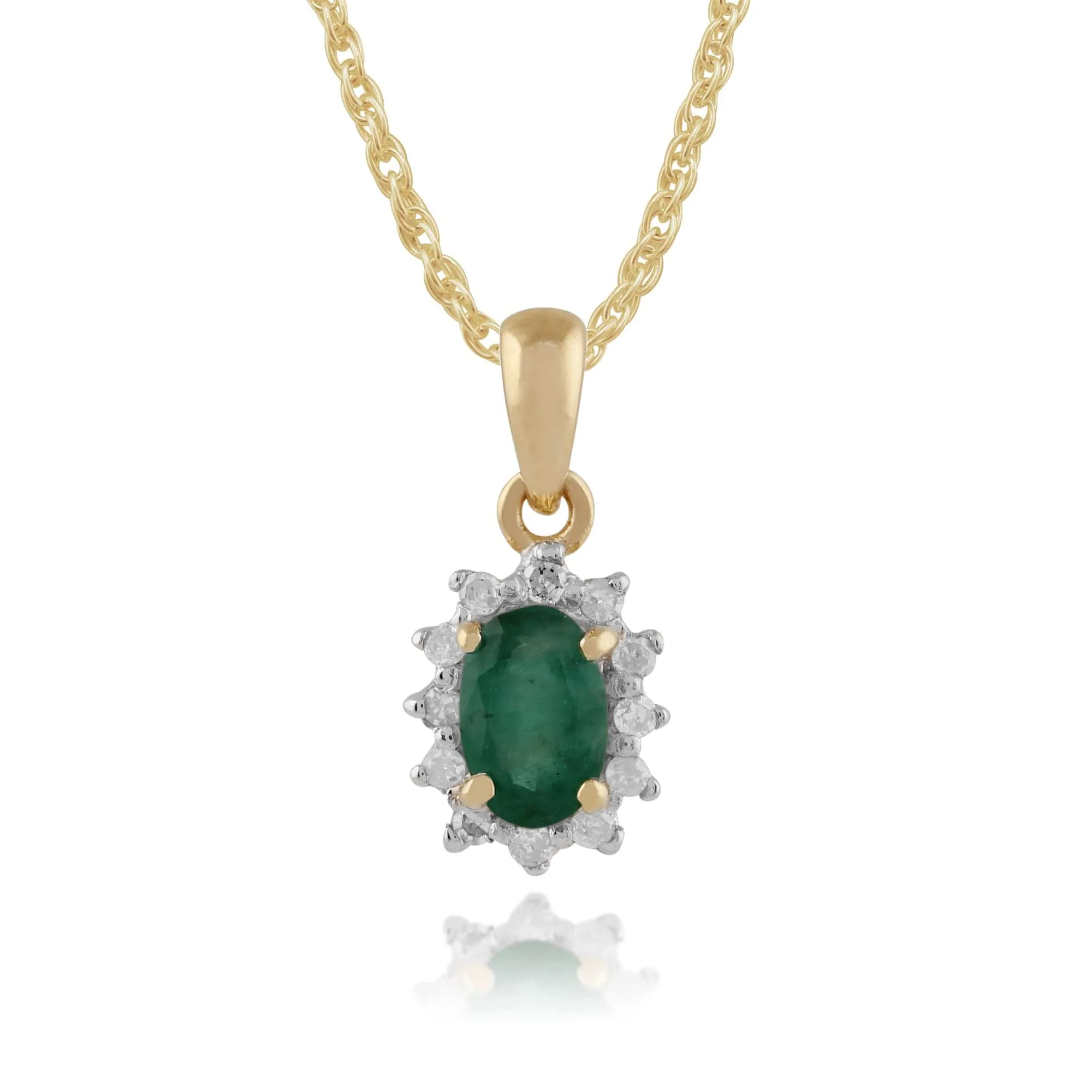 Classic Oval Emerald & Diamond Cluster Pendant in 9ct Yellow Gold sold by Gemondo Jewellery