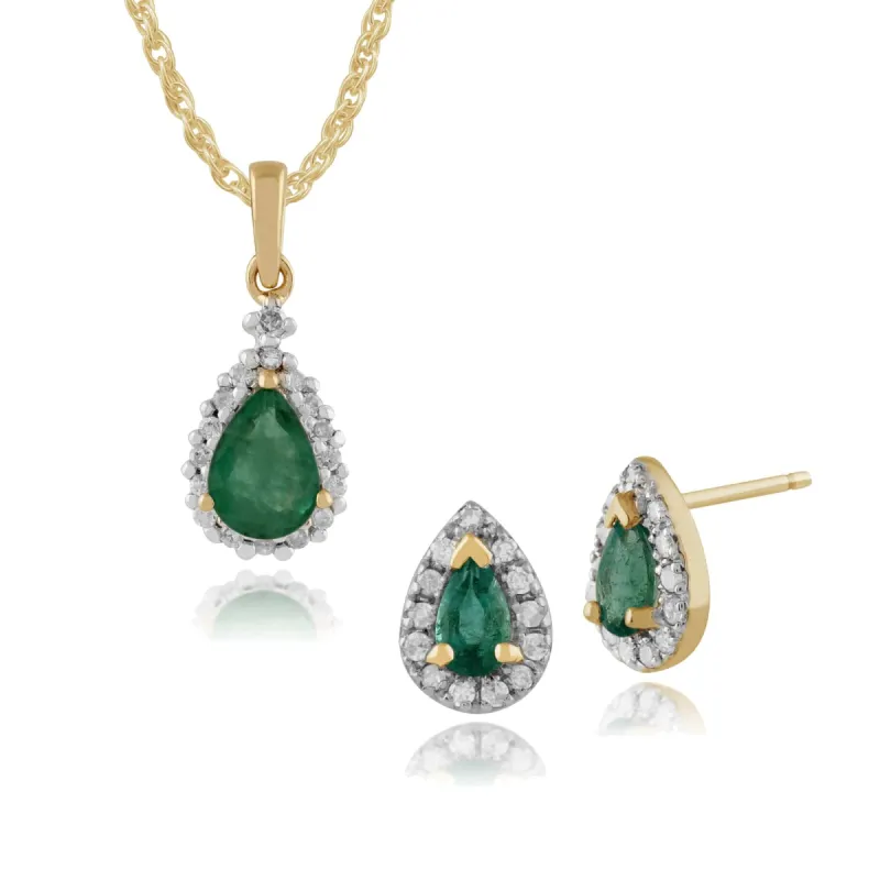 Classic Pear Emerald & Diamond Halo Stud Earrings & Pendant Set in 9ct Yellow Gold sold by Gemondo Jewellery