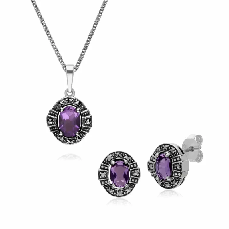 Art Deco Style Oval Amethyst and Marcasite Cluster Stud Earrings & Pendant Set in 925 Sterling Silver sold by Gemondo Jewellery