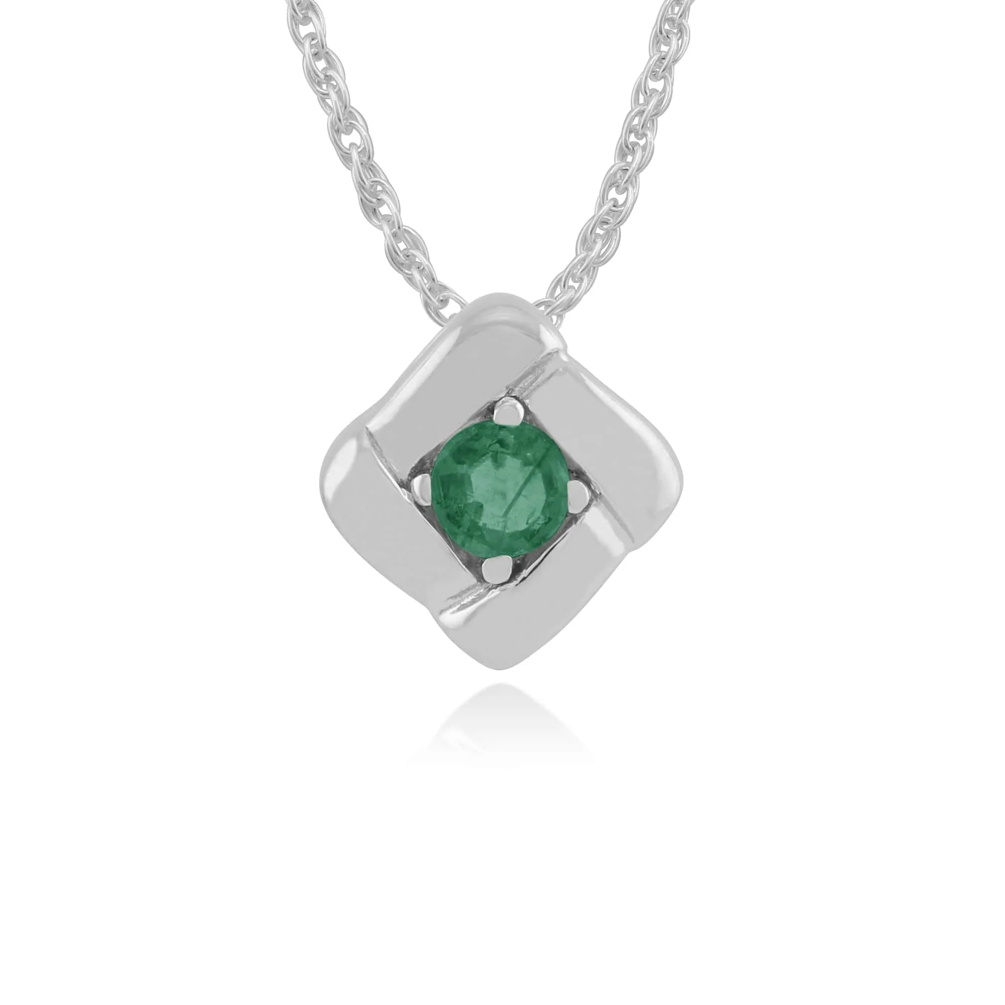 Classic Round Emerald Single Stone Square Crossover Pendant in 925 Sterling Silver sold by Gemondo Jewellery