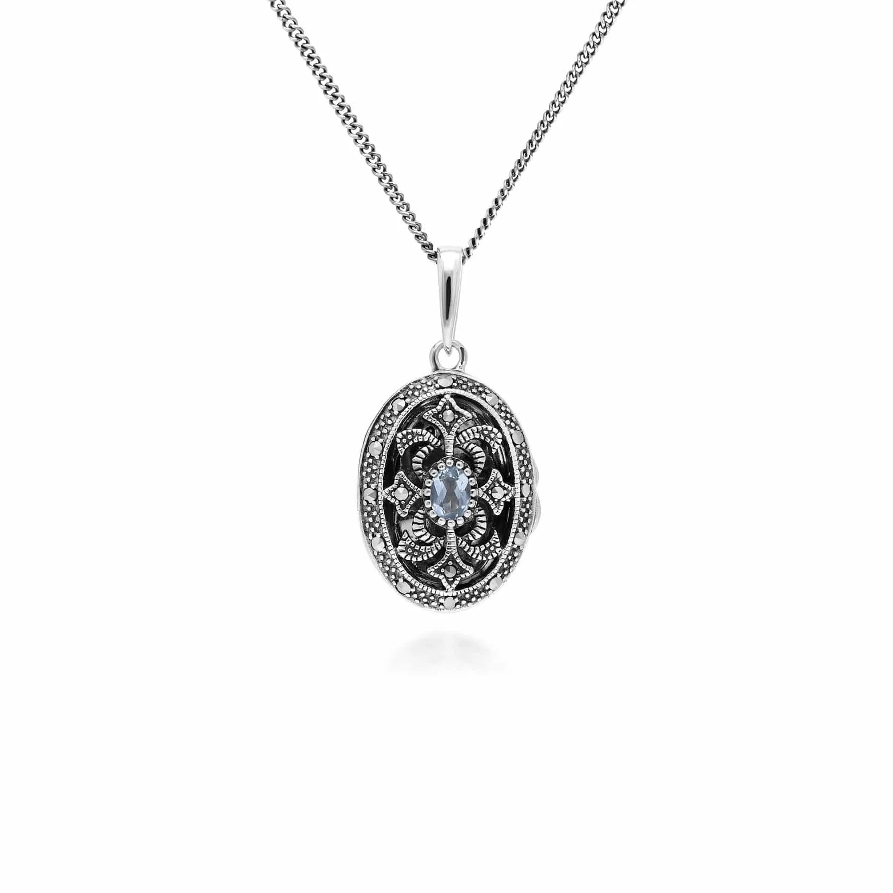 Art Nouveau Style Oval Topaz & Marcasite Locket Necklace in 925 Sterling Silver sold by Gemondo Jewellery