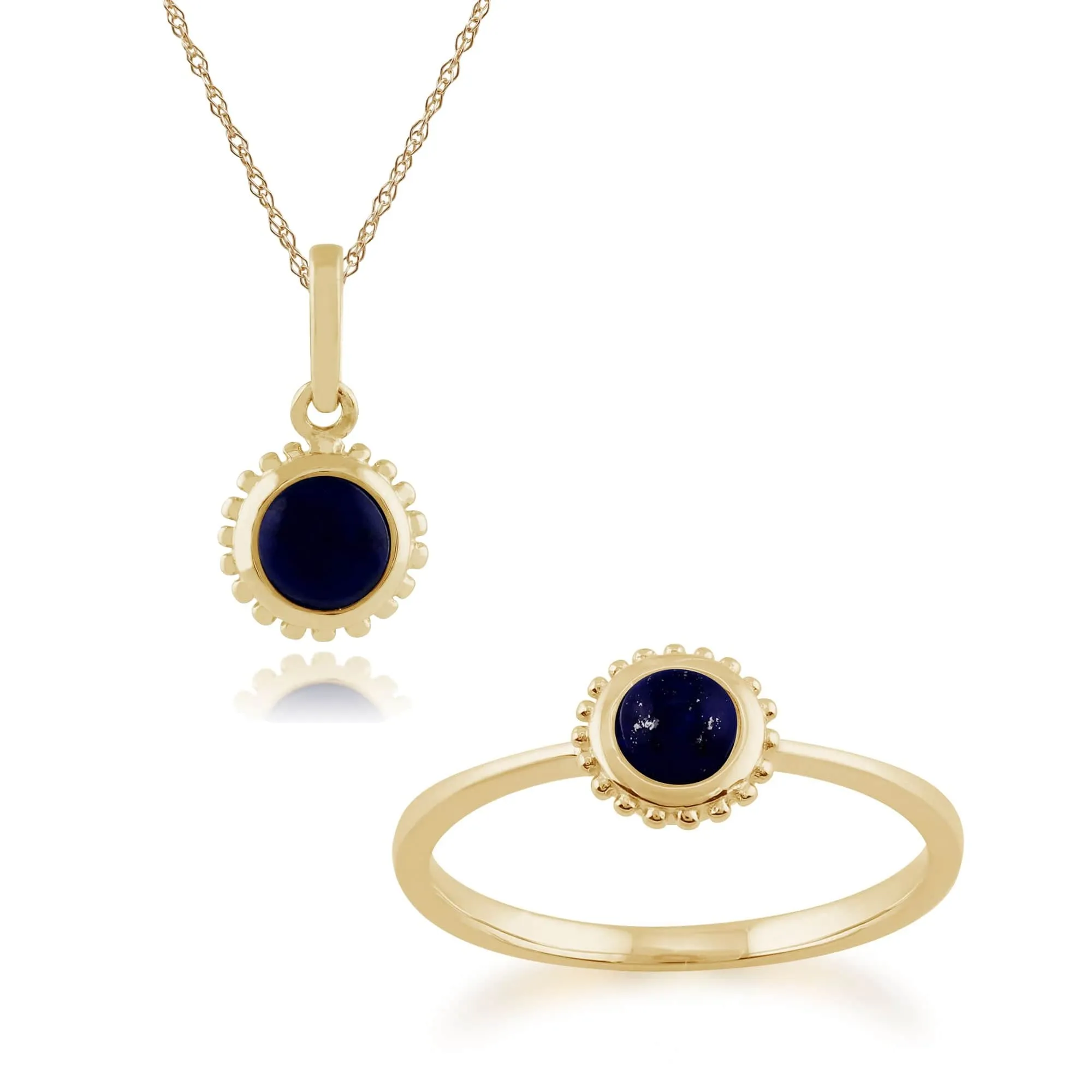 Classic Round Lapis Lazuli Single Stone Pendant & Solitaire Ring Set in 9ct Yellow Gold sold by Gemondo Jewellery